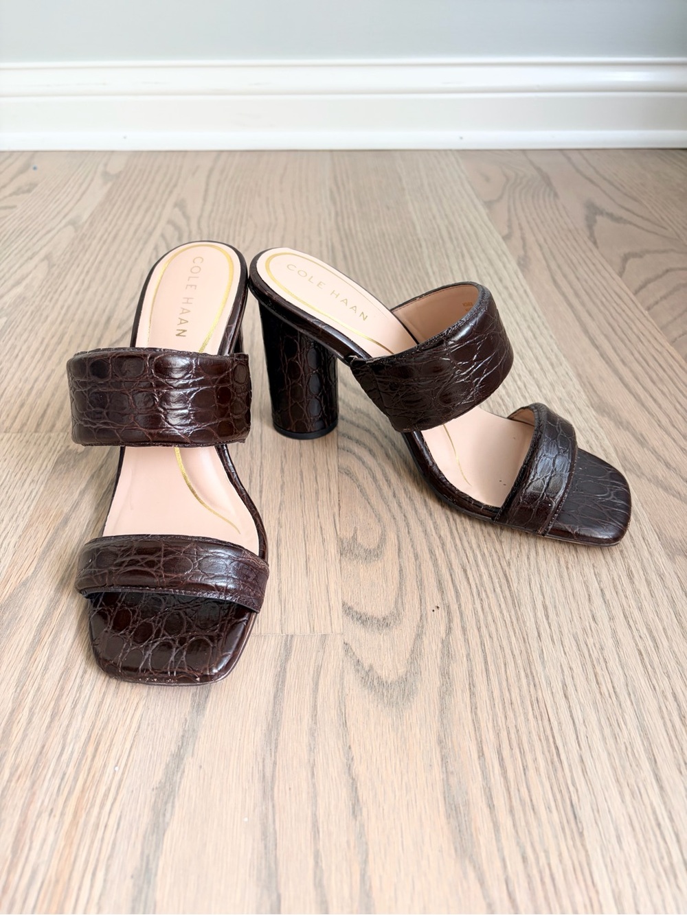 Cole Haan Dark Brown Croc-Embossed Block Heel Sandals